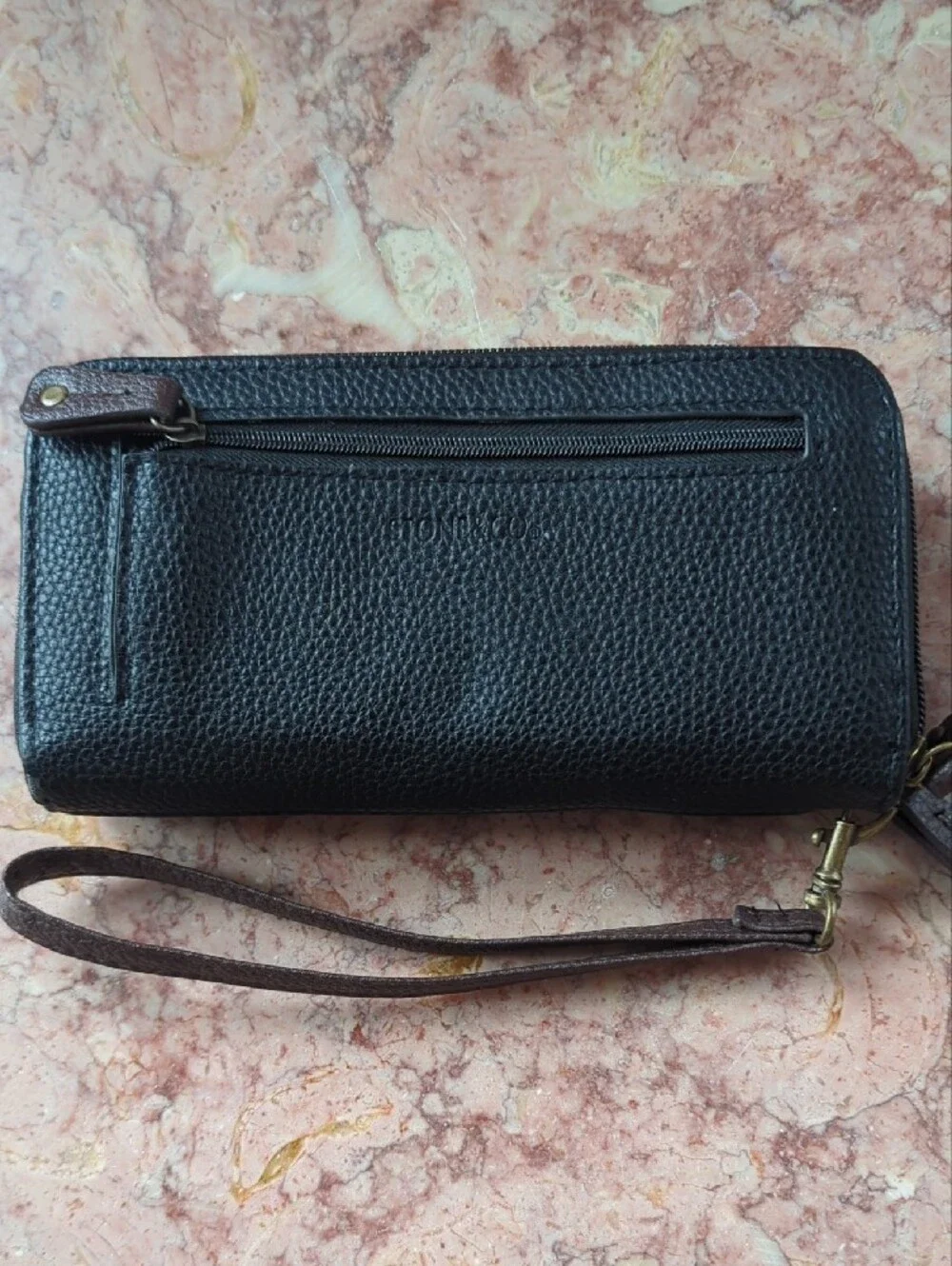 Stone & Co. Black and Brown Leather Wristlet Clutch with Gold Emblem